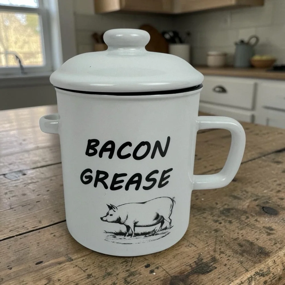 White Enamel Bacon Grease Container w/ Lid & Mesh Strainer Kitchen Can